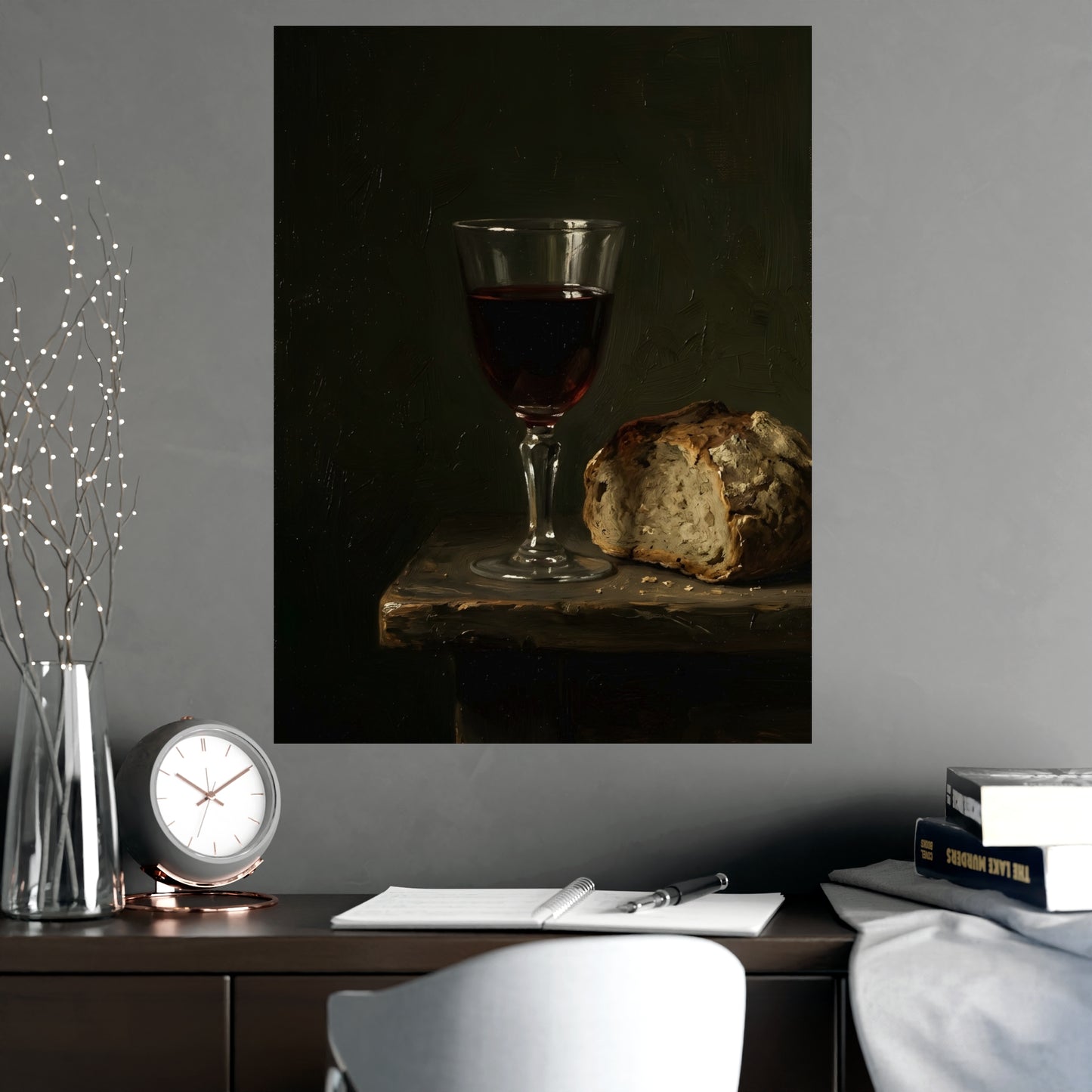 Wine and Bread hung above a desk with a clock and notebook, 18x24 in print