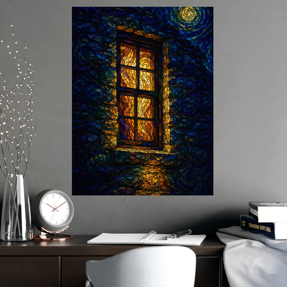 One Lit Window — one lit window, shown framed on a wall