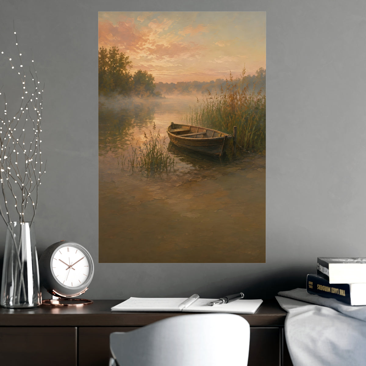 Rowboat at Dawn — a wooden rowboat moored among reeds as mist rises off the water, shown framed on a wall