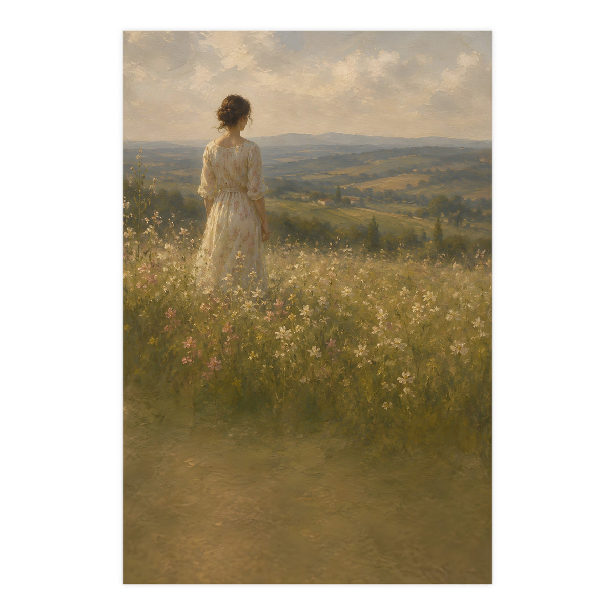 Looking to the Hills — a woman at the edge of a wildflower field looking toward distant hills, 24x36 in print