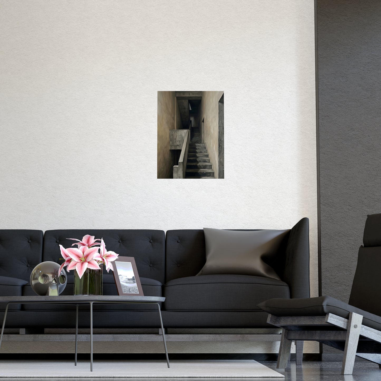 Concrete Stairwell framed on a cream wall in a living room, 12x16 in print