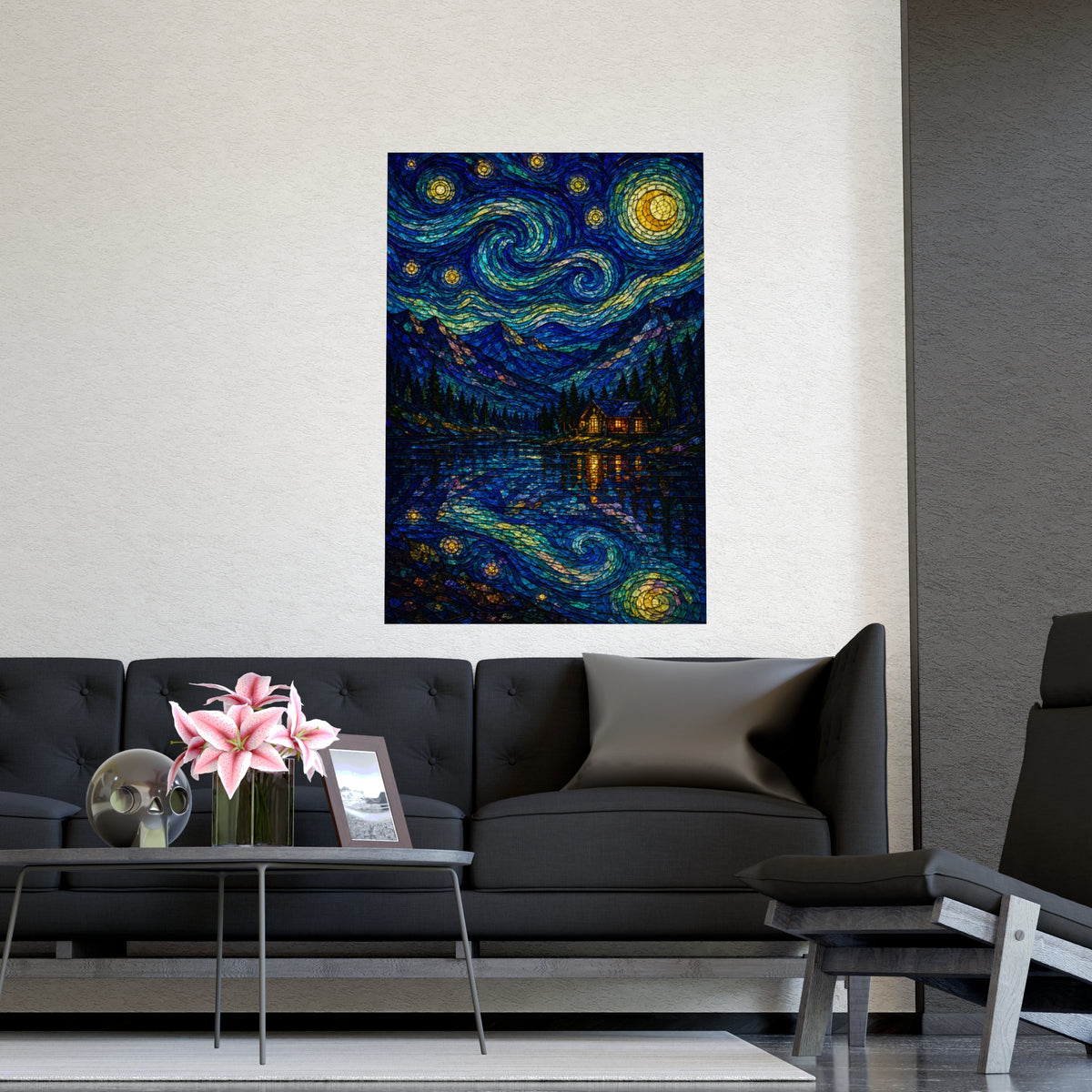 Lake and Mountain — lake and mountain, shown framed on a wall