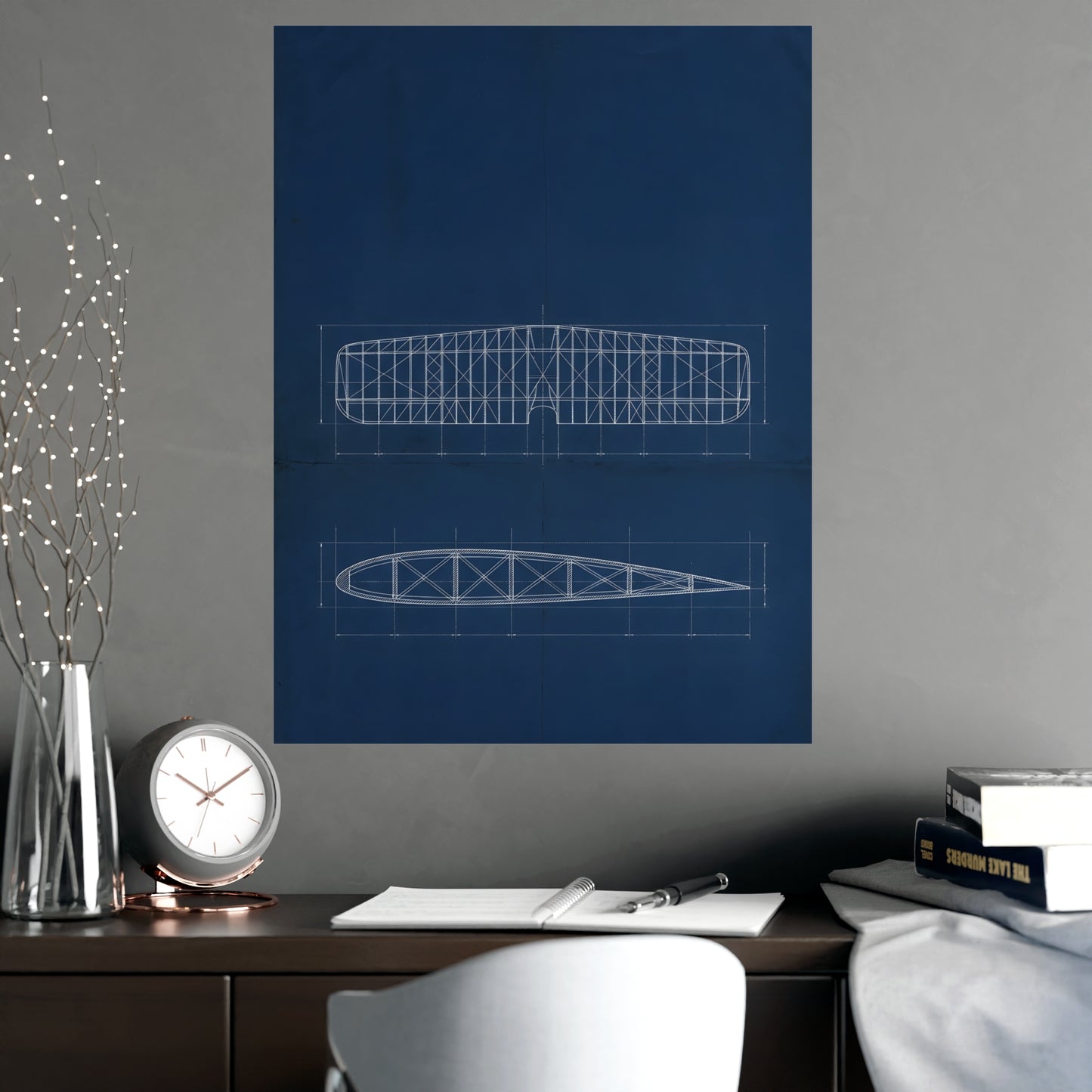 Aeroplane Wing hung above a sofa with a side table and lilies, 18x24 in print