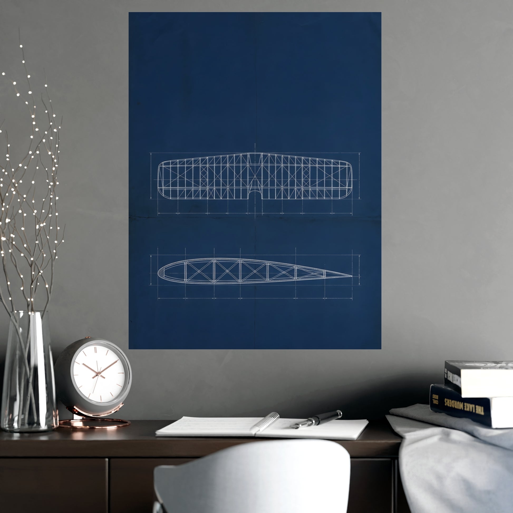 Aeroplane Wing hung above a sofa with a side table and lilies, 18x24 in print