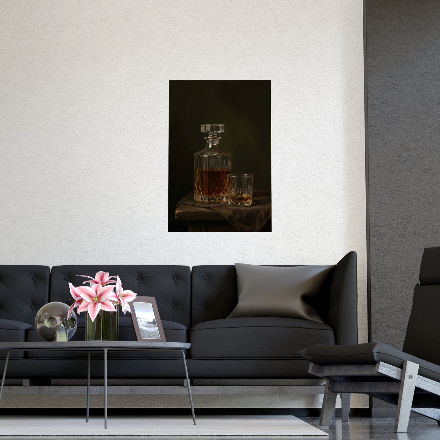 Decanter and Glass on a living room wall beside a tall vase, 16x24 in print