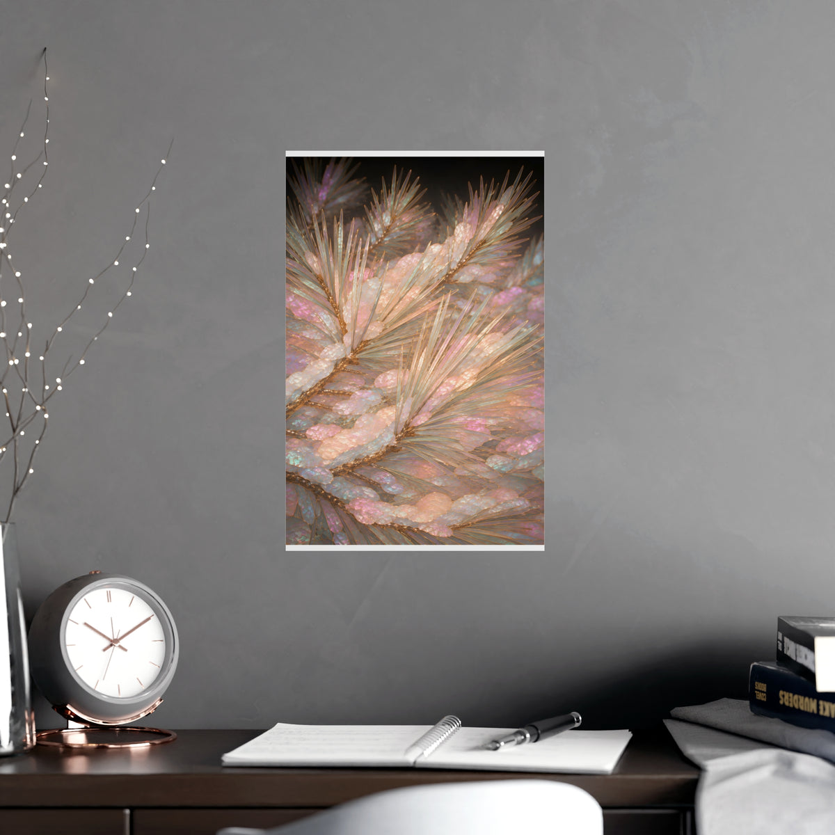 Snow on Pine — snow on pine, shown framed on a wall