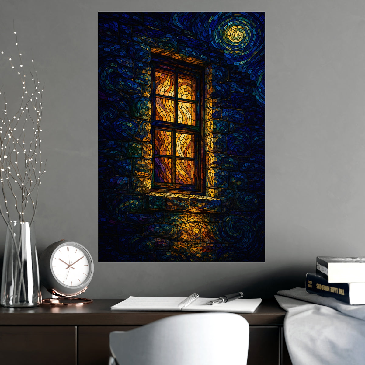 One Lit Window — one lit window, shown framed on a wall
