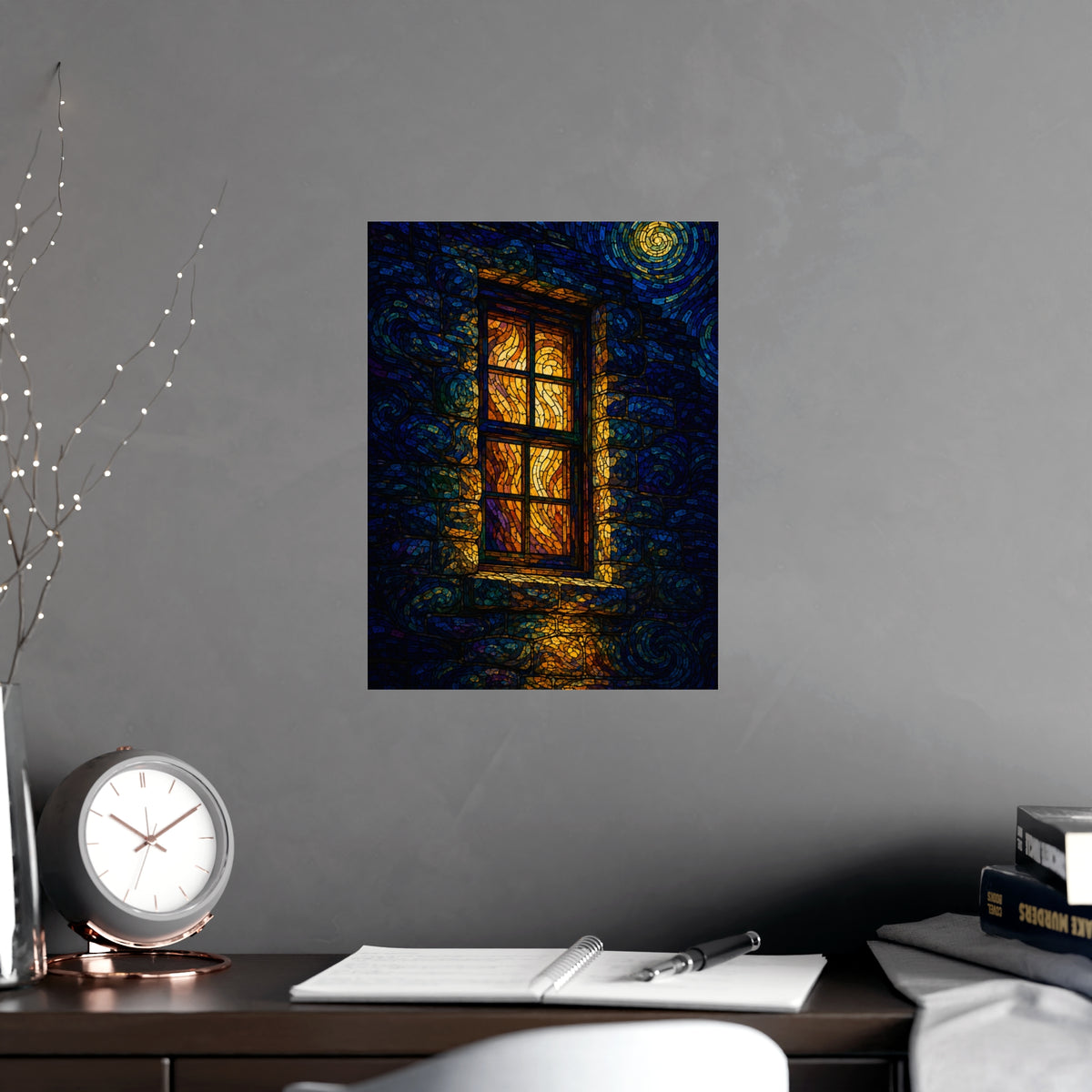 One Lit Window — one lit window, shown framed on a wall