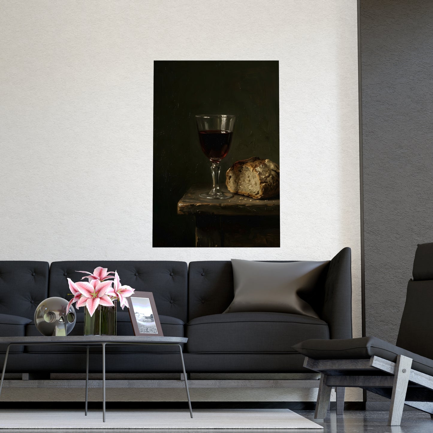 Wine and Bread hung above a desk with a clock and notebook, 18x24 in print