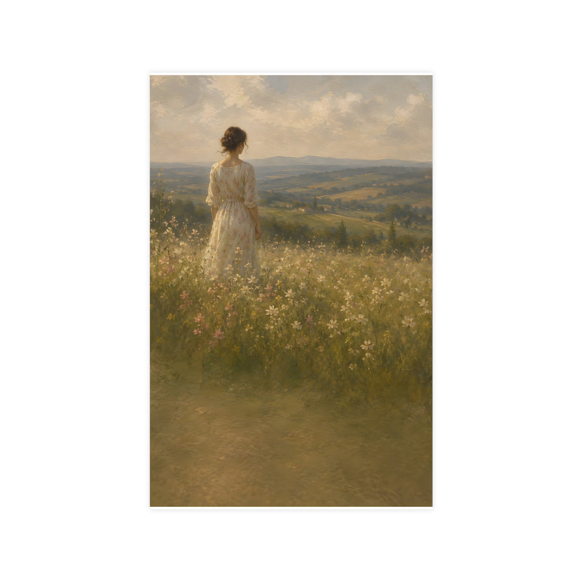 Looking to the Hills — a woman at the edge of a wildflower field looking toward distant hills, 11x17 in print