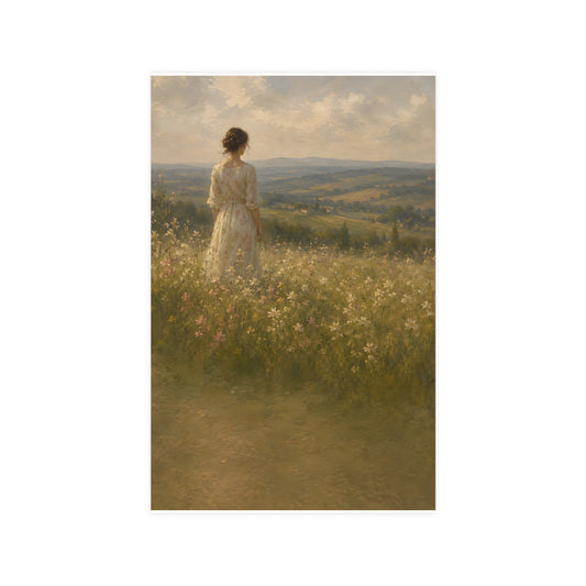 Looking to the Hills — a woman at the edge of a wildflower field looking toward distant hills, 11x17 in print