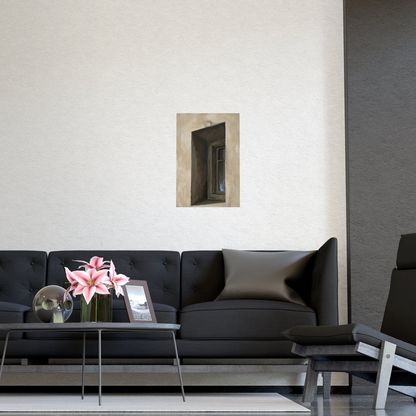 Window Recess hung on a grey wall above a dark sofa, 16x24 in print