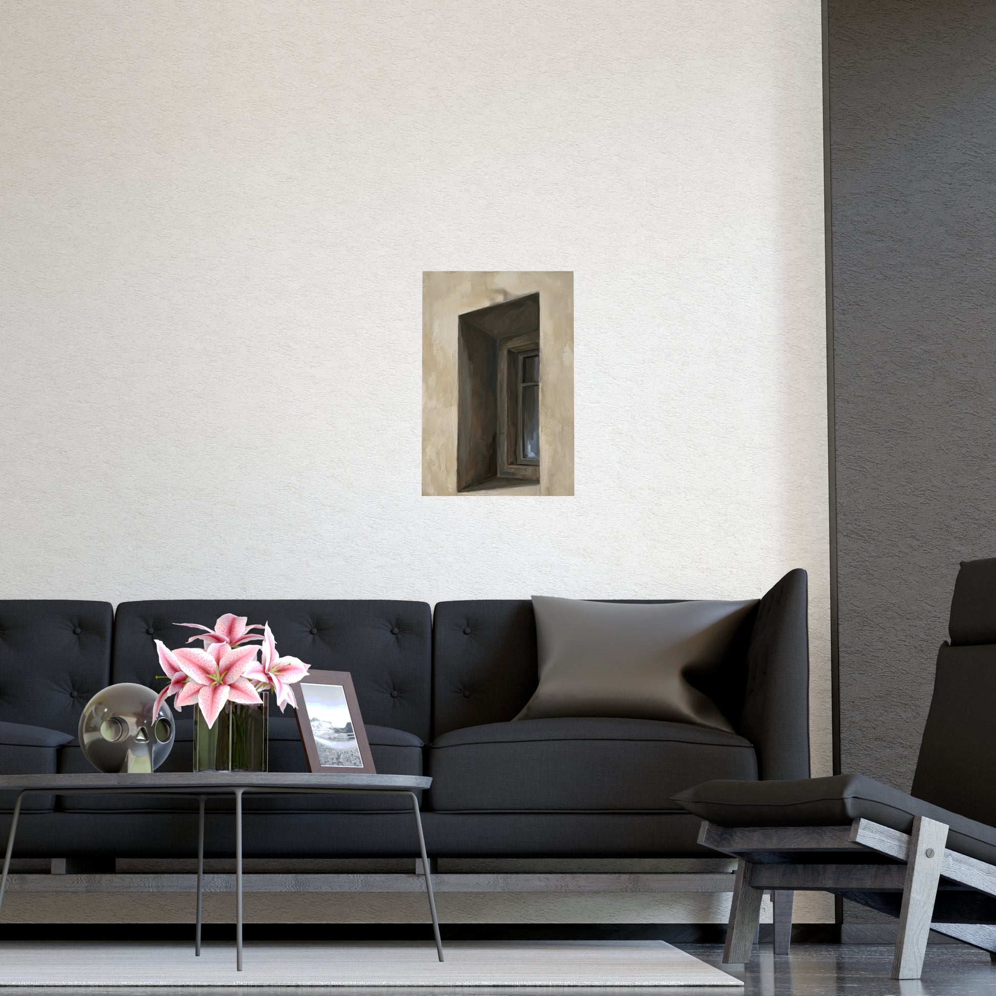 Window Recess hung on a grey wall above a dark sofa, 16x24 in print