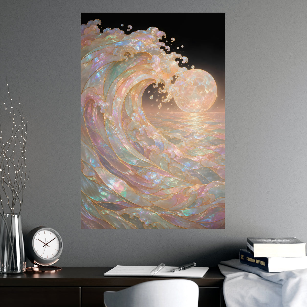 Wave and Moon — wave and moon, shown framed on a wall