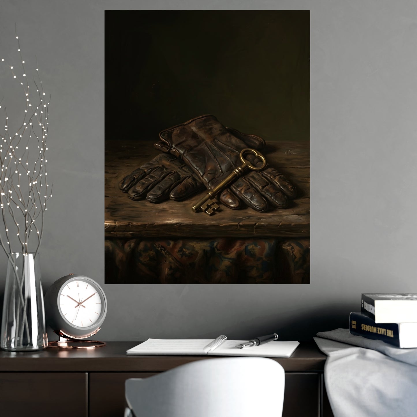 Gloves and a Brass Key hung above a desk with a clock and notebook, 18x24 in print