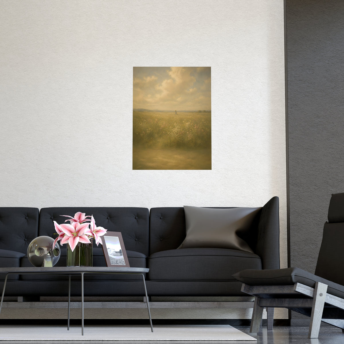 Small in the Field — a single figure very small and far off in a wide wildflower field under a wide summer sky, shown framed