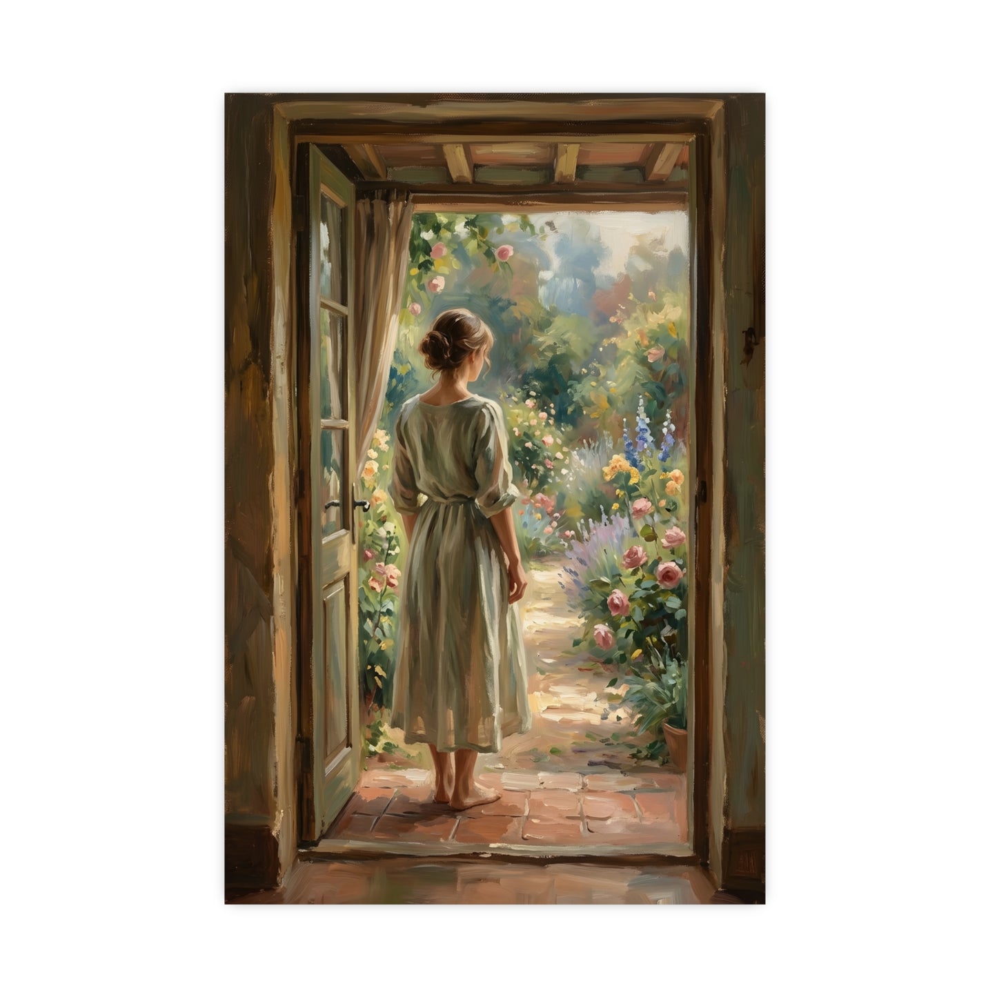 Doorway to the Garden — a woman in a linen dress standing in an open doorway looking out to a summer garden, 18x24 in print