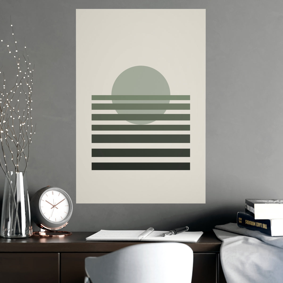 Sage Neutral Sunset Boho Wall Art — sunset in a sage neutral palette, shown framed on a wall