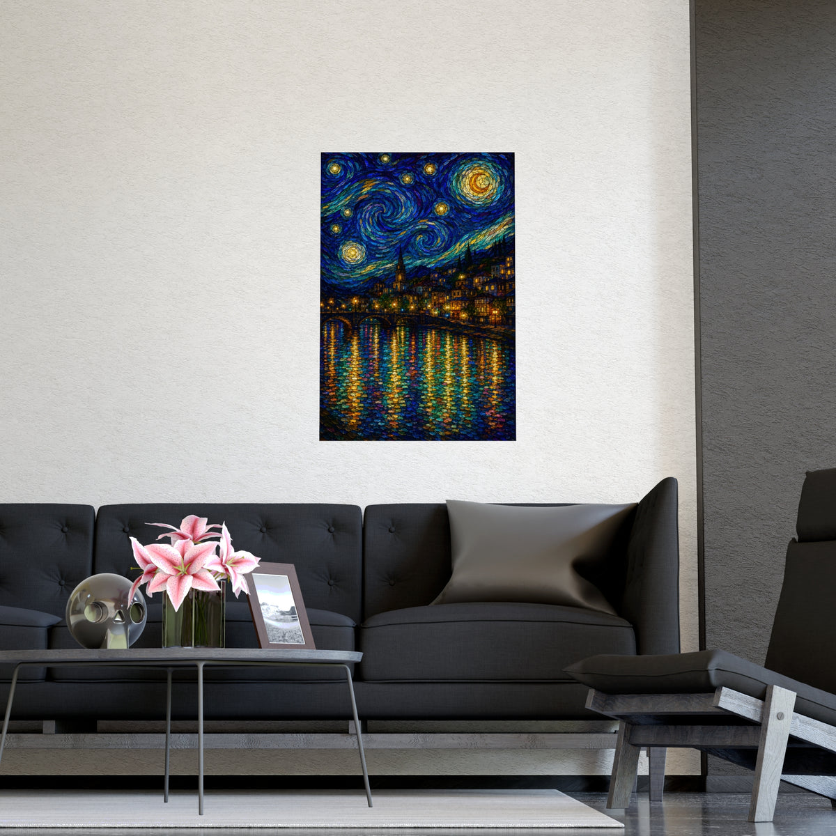 River Town at Night — river town at night, shown framed on a wall