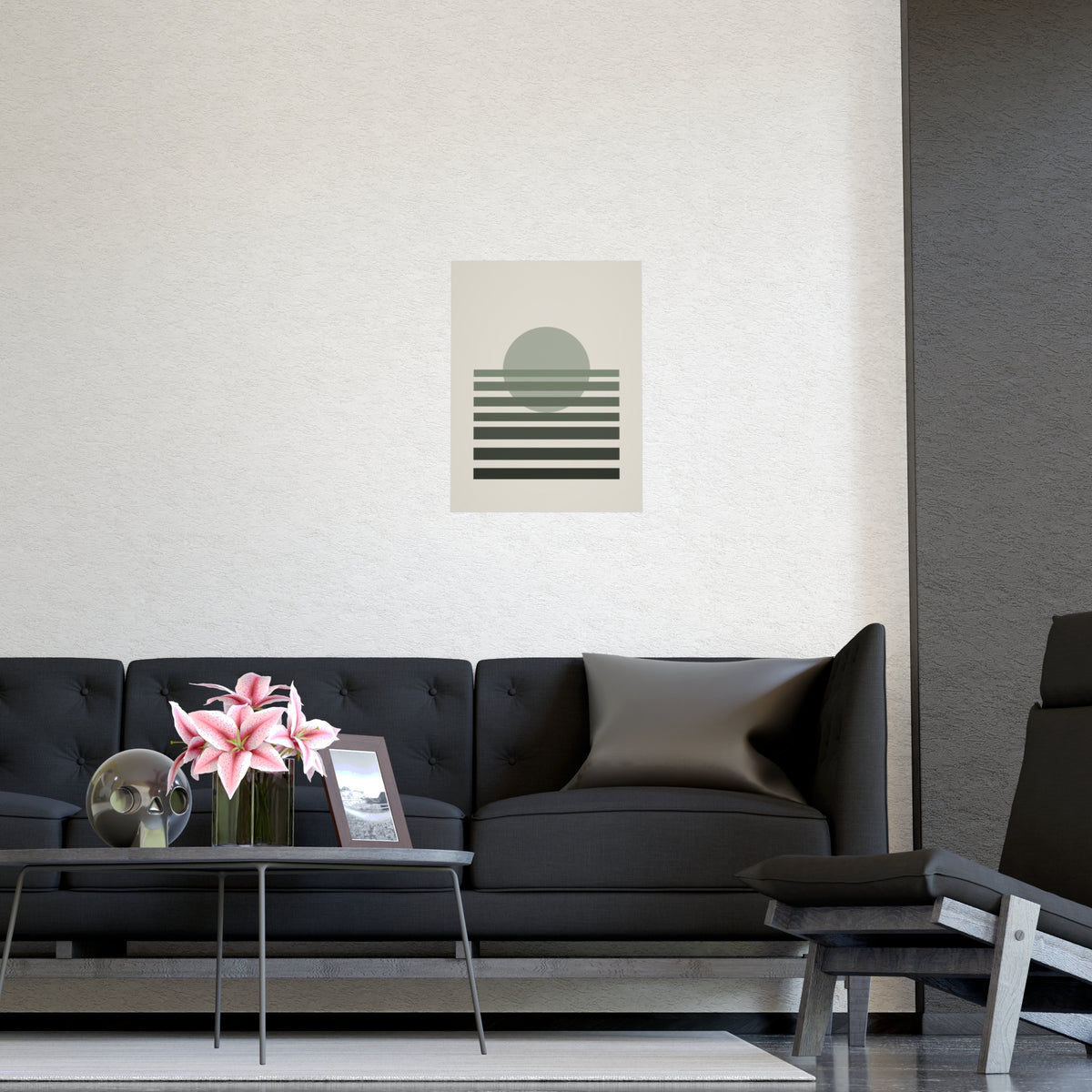 Sage Neutral Sunset Boho Wall Art — sunset in a sage neutral palette, shown framed on a wall