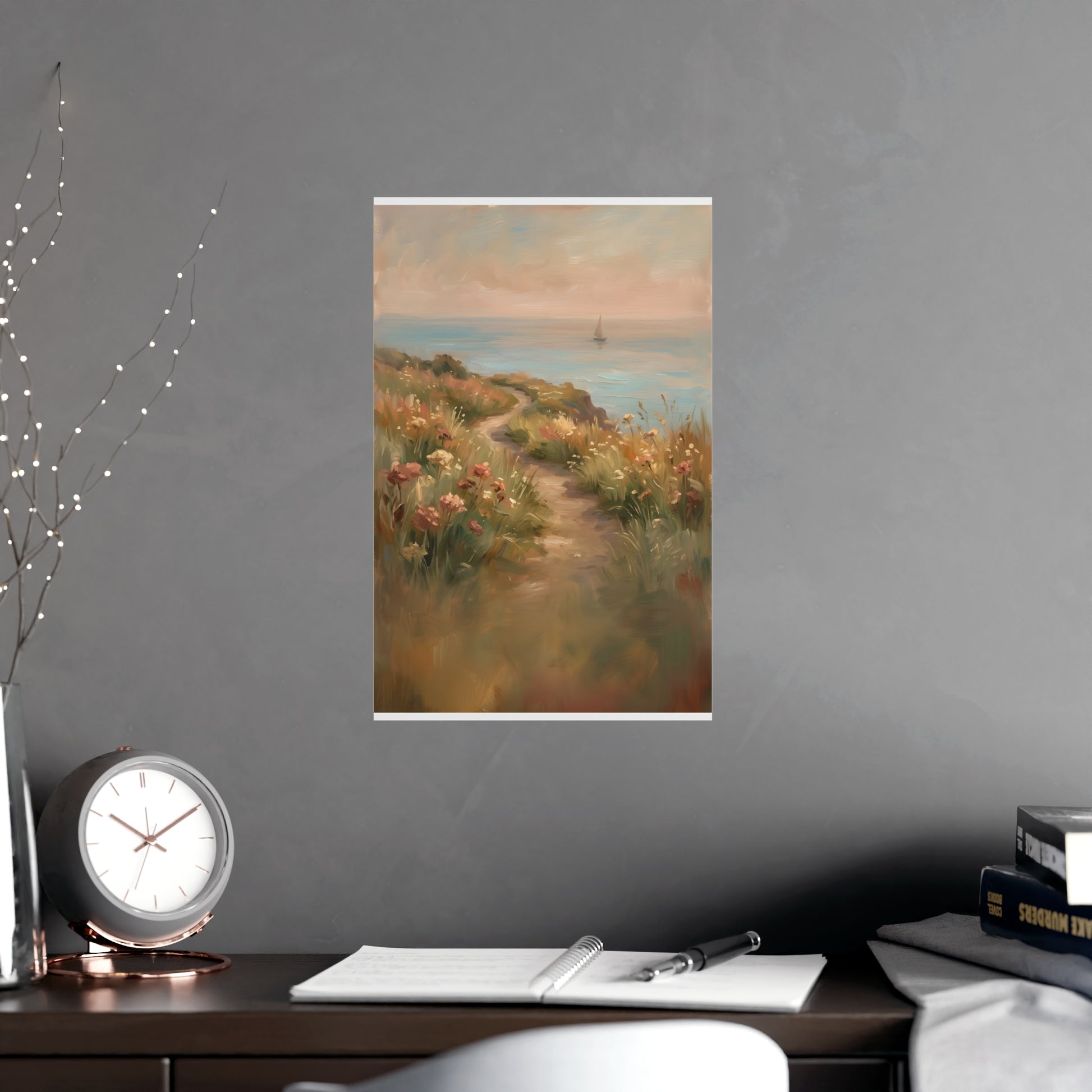 Coast Path hung on a grey wall above a dark sofa, 11x17 in print