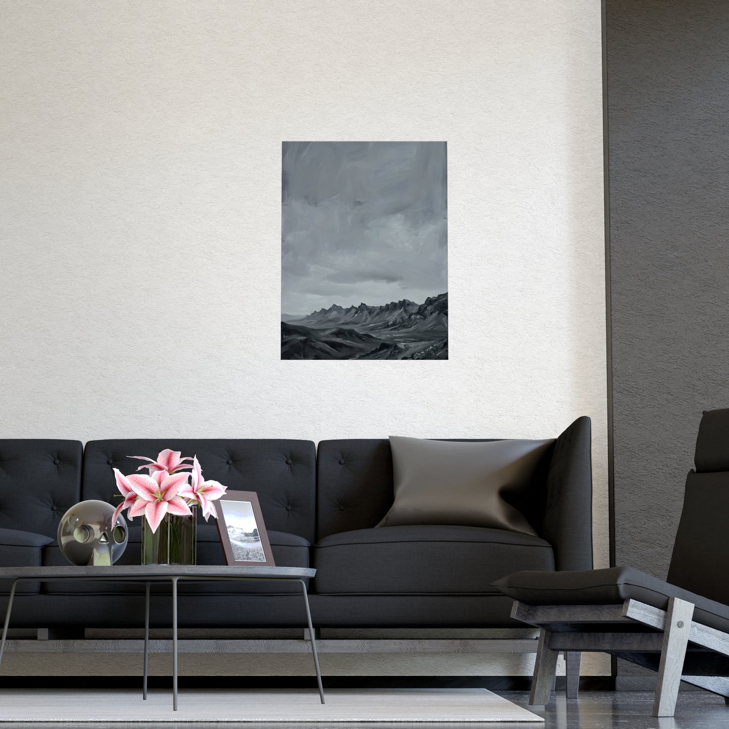 Distant Ridge on a living room wall beside a tall vase, 11x17 in print