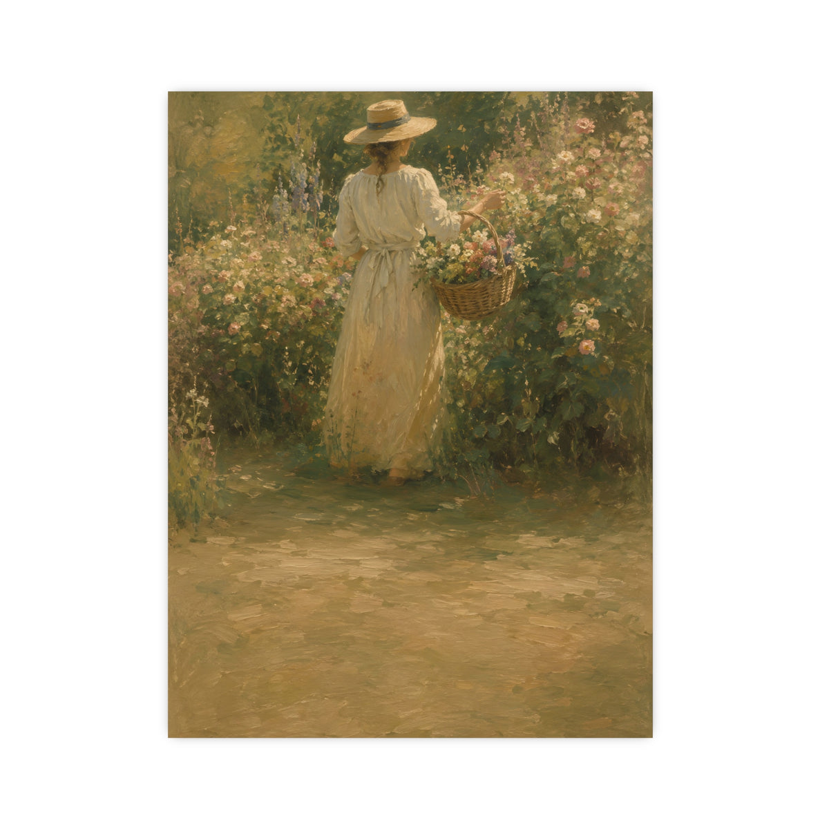 Gathering Flowers — a woman in a straw hat gathering flowers into a wicker basket, 12x16 in print