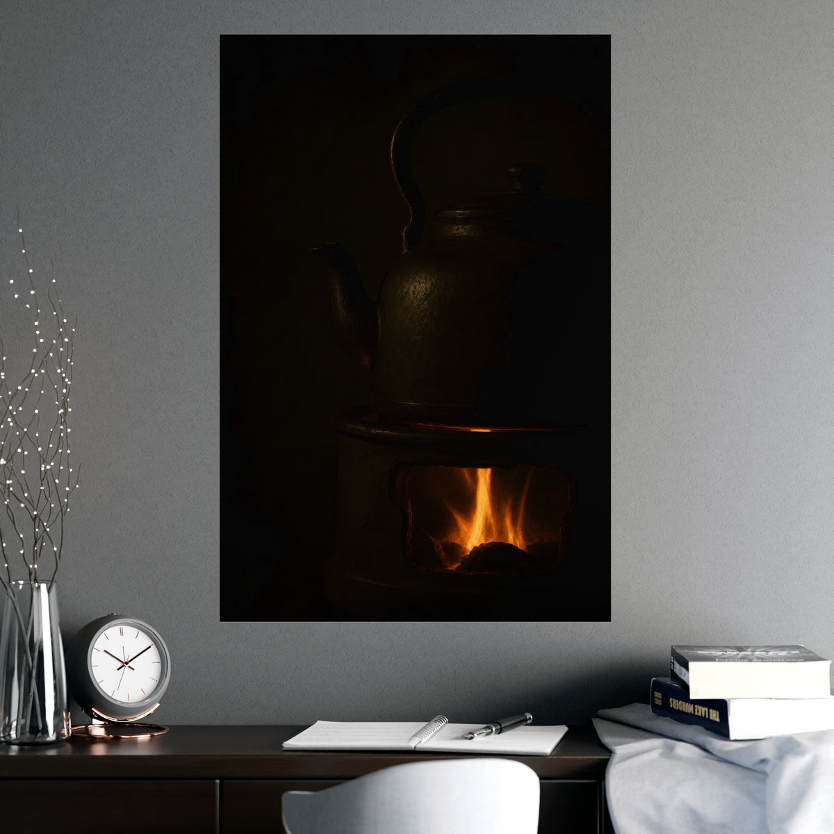 Under the Kettle — under the kettle, shown framed on a wall