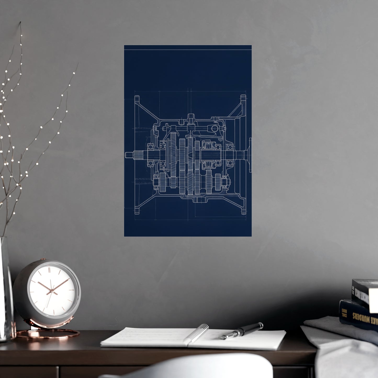 Gearbox, in Cutaway hung above a desk with a clock and notebook, 12x18 in print