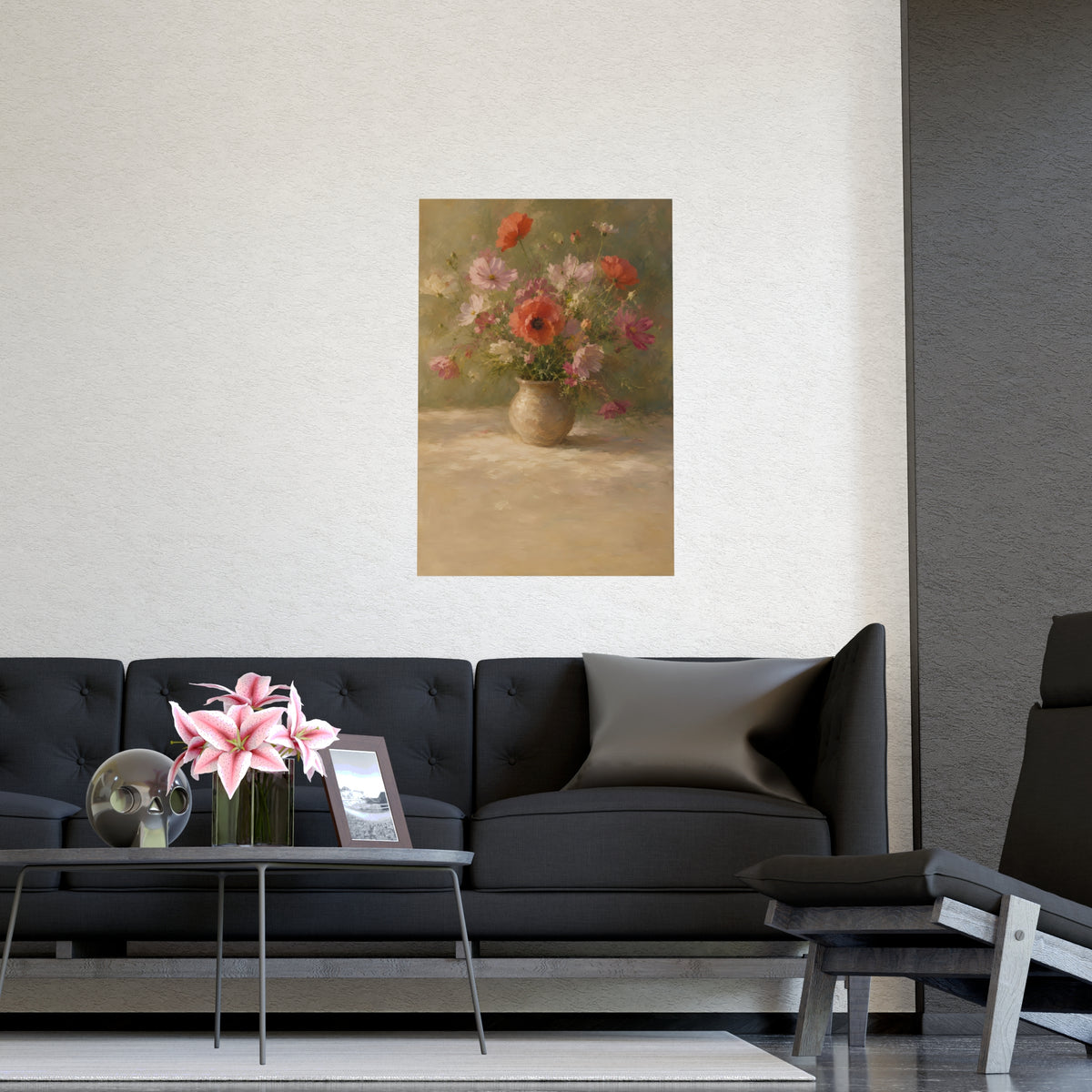 Poppy and Cosmos Bouquet — a loose bouquet of poppies and cosmos in an earthenware vase, shown framed on a wall