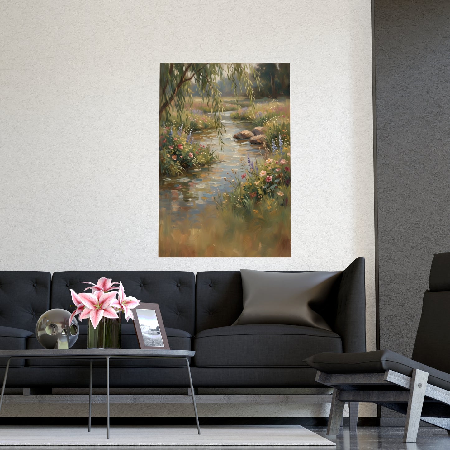 Willow Stream hung above a desk with a clock and notebook, 18x24 in print