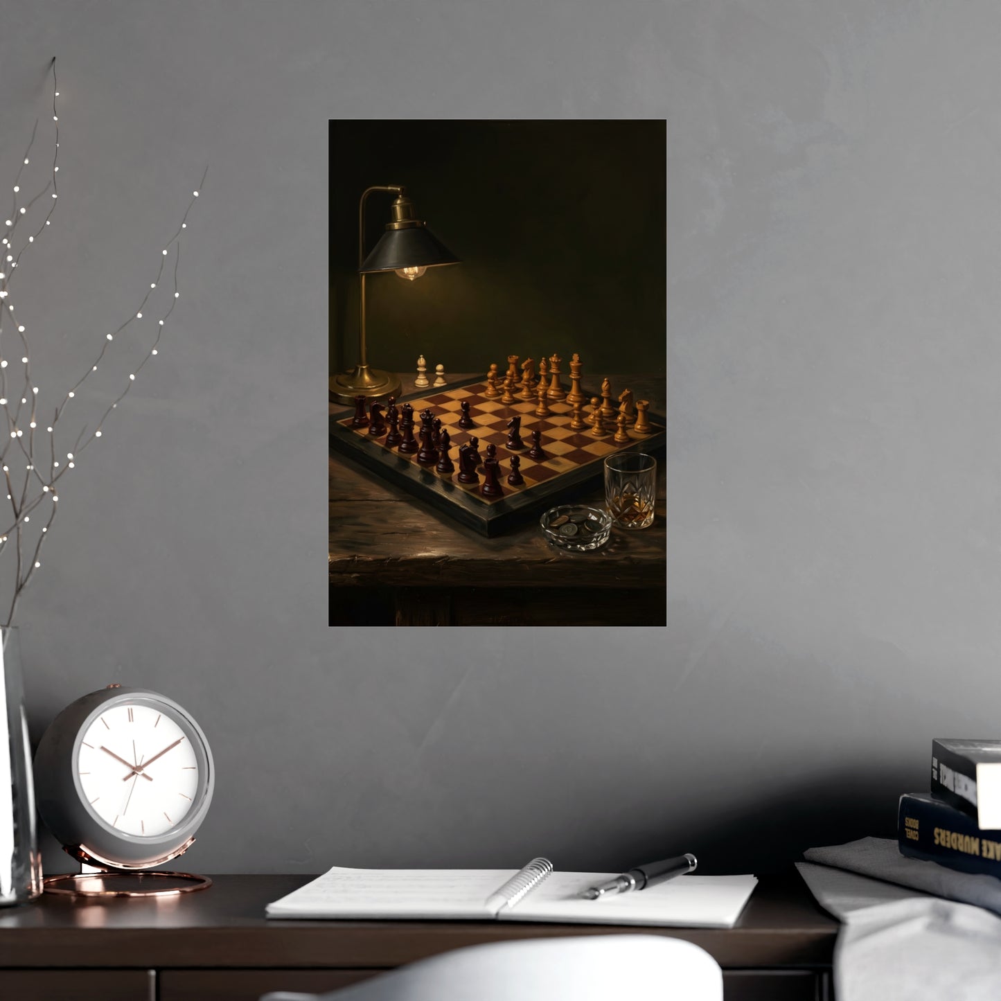 The Game, Unfinished hung above a sofa with a side table and lilies, 12x18 in print