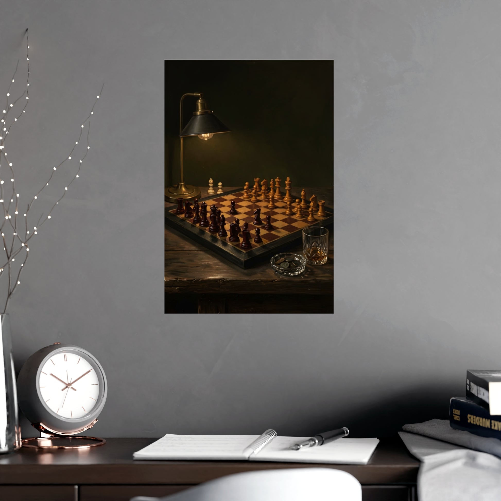 The Game, Unfinished hung above a sofa with a side table and lilies, 12x18 in print