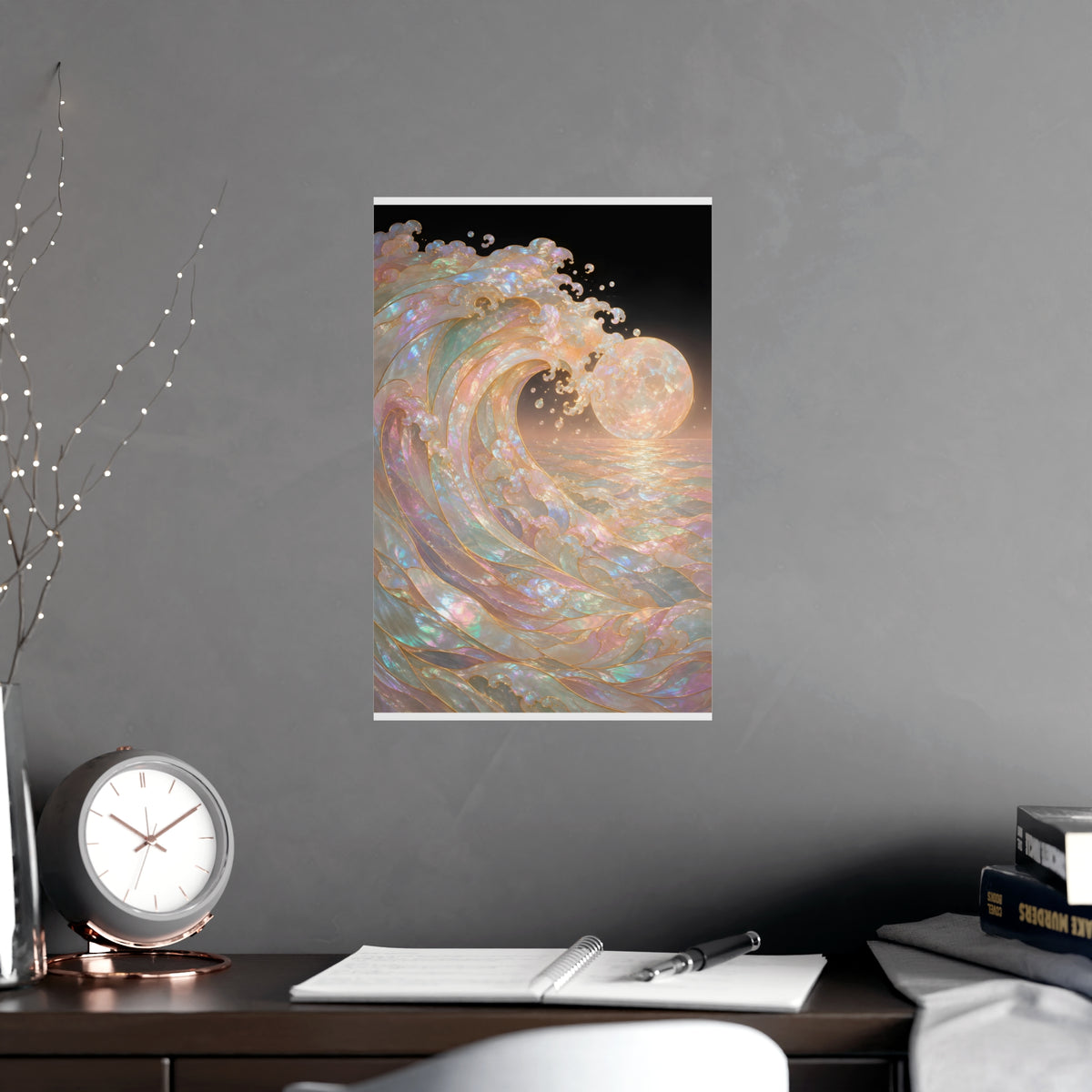 Wave and Moon — wave and moon, shown framed on a wall