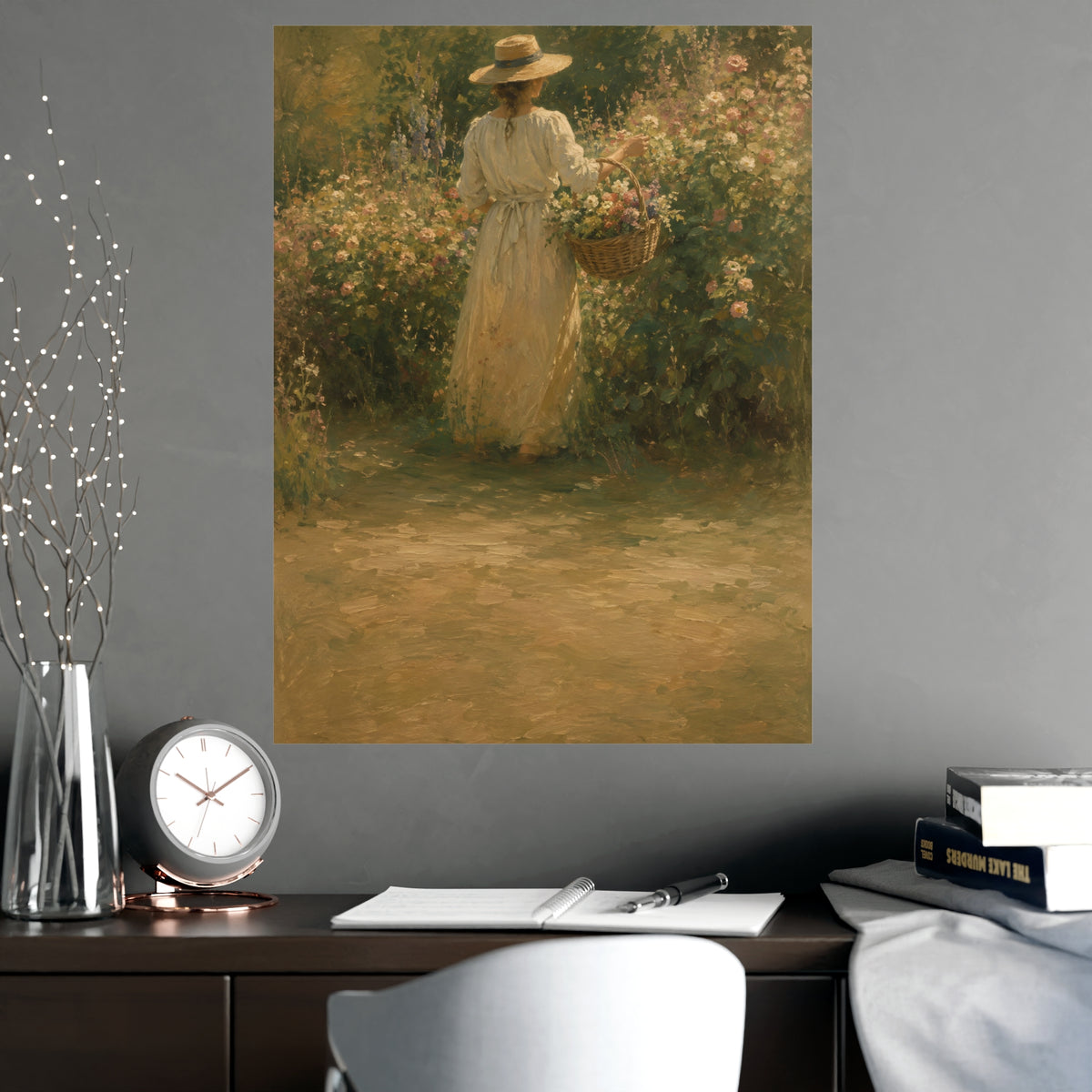Gathering Flowers — a woman in a straw hat gathering flowers into a wicker basket, shown framed on a wall