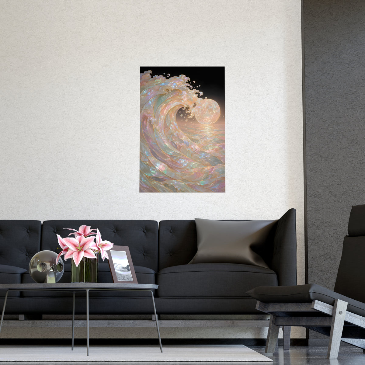 Wave and Moon — wave and moon, shown framed on a wall