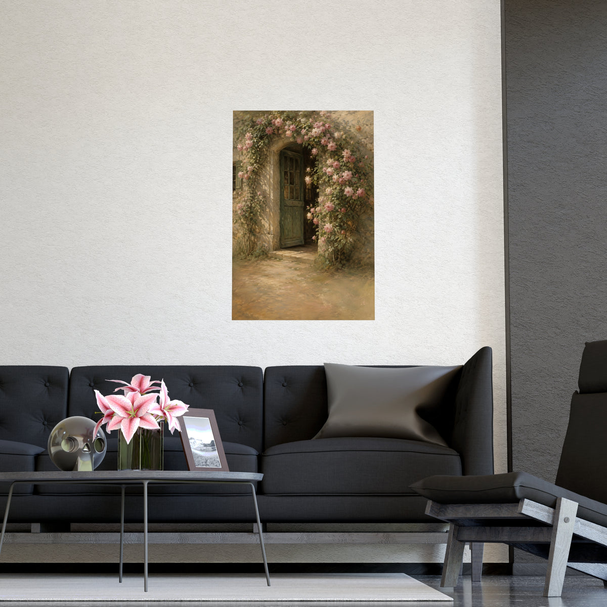 Rose Cottage Door — a stone cottage doorway framed by climbing roses in full bloom, shown framed on a wall