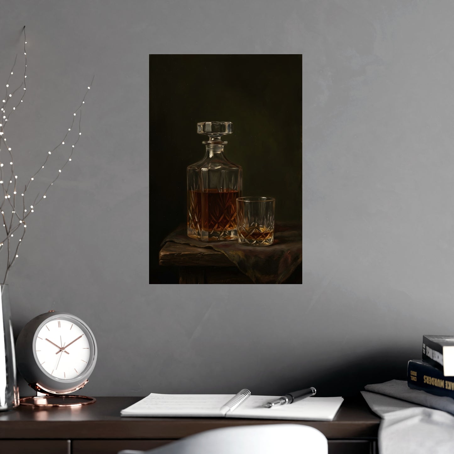 Decanter and Glass on a living room wall beside a tall vase, 12x18 in print