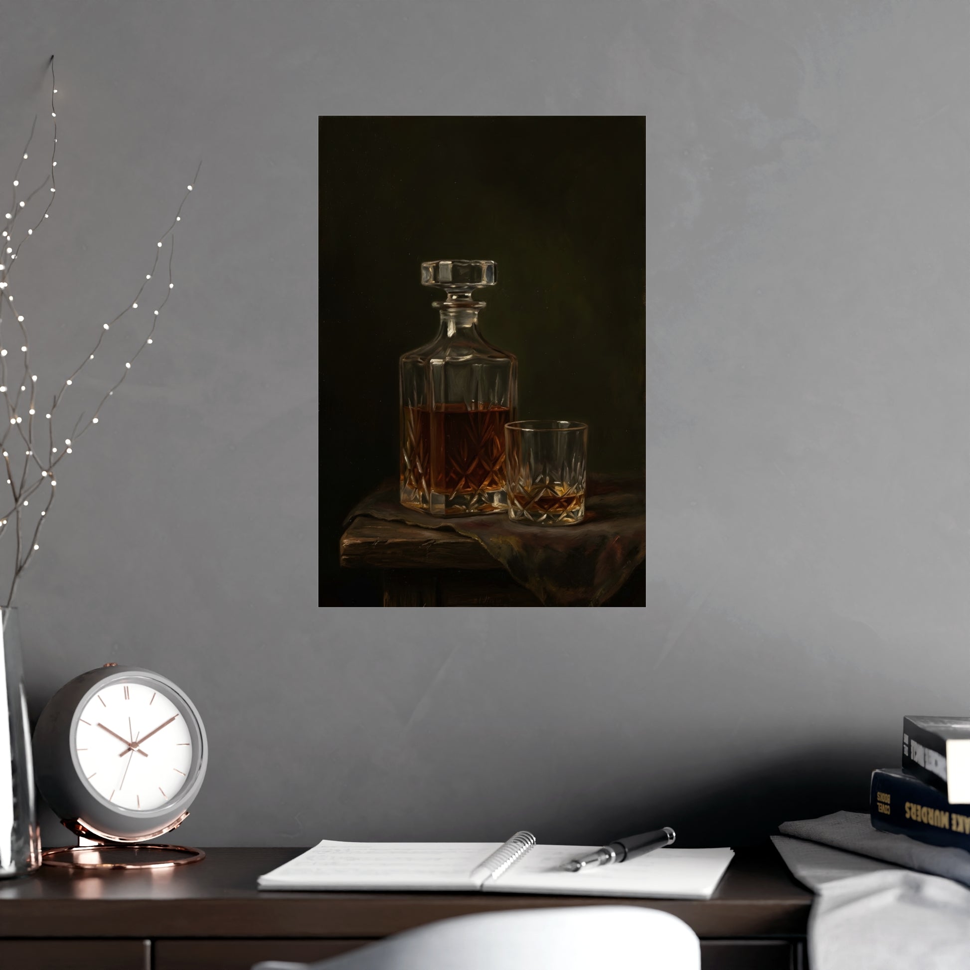 Decanter and Glass on a living room wall beside a tall vase, 12x18 in print