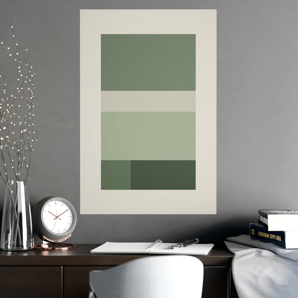 Sage Neutral Blocks Boho Wall Art — blocks in a sage neutral palette, shown framed on a wall