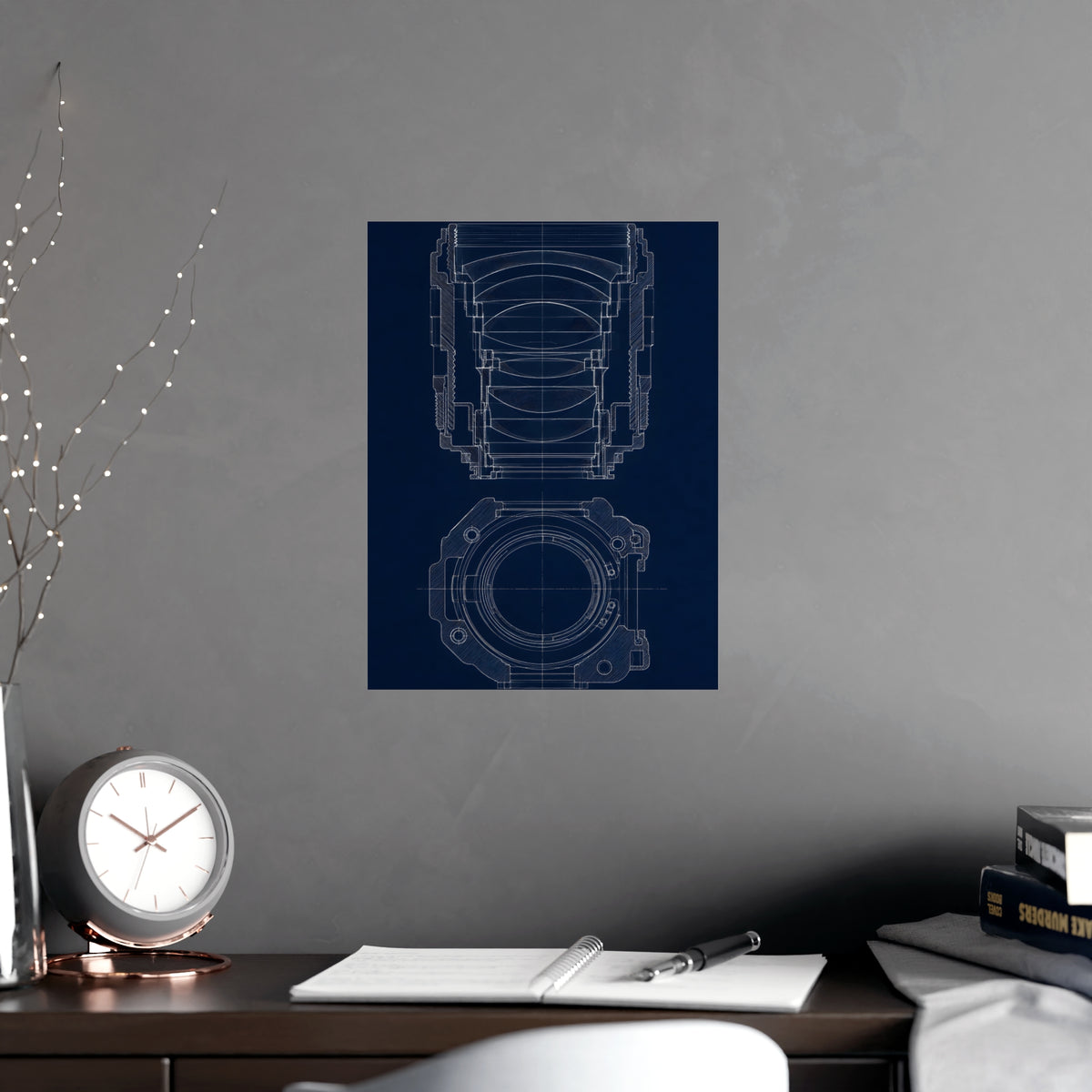 Lens and Mount — lens and mount, shown framed on a wall