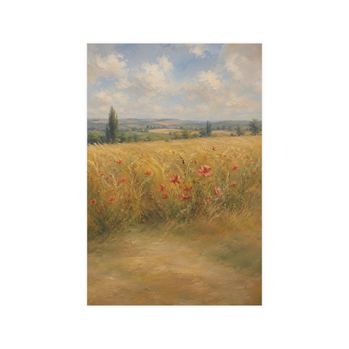 Poppies in the Wheat — wheat fields under a wide summer sky with poppies scattered through the gold, 12x18 in print