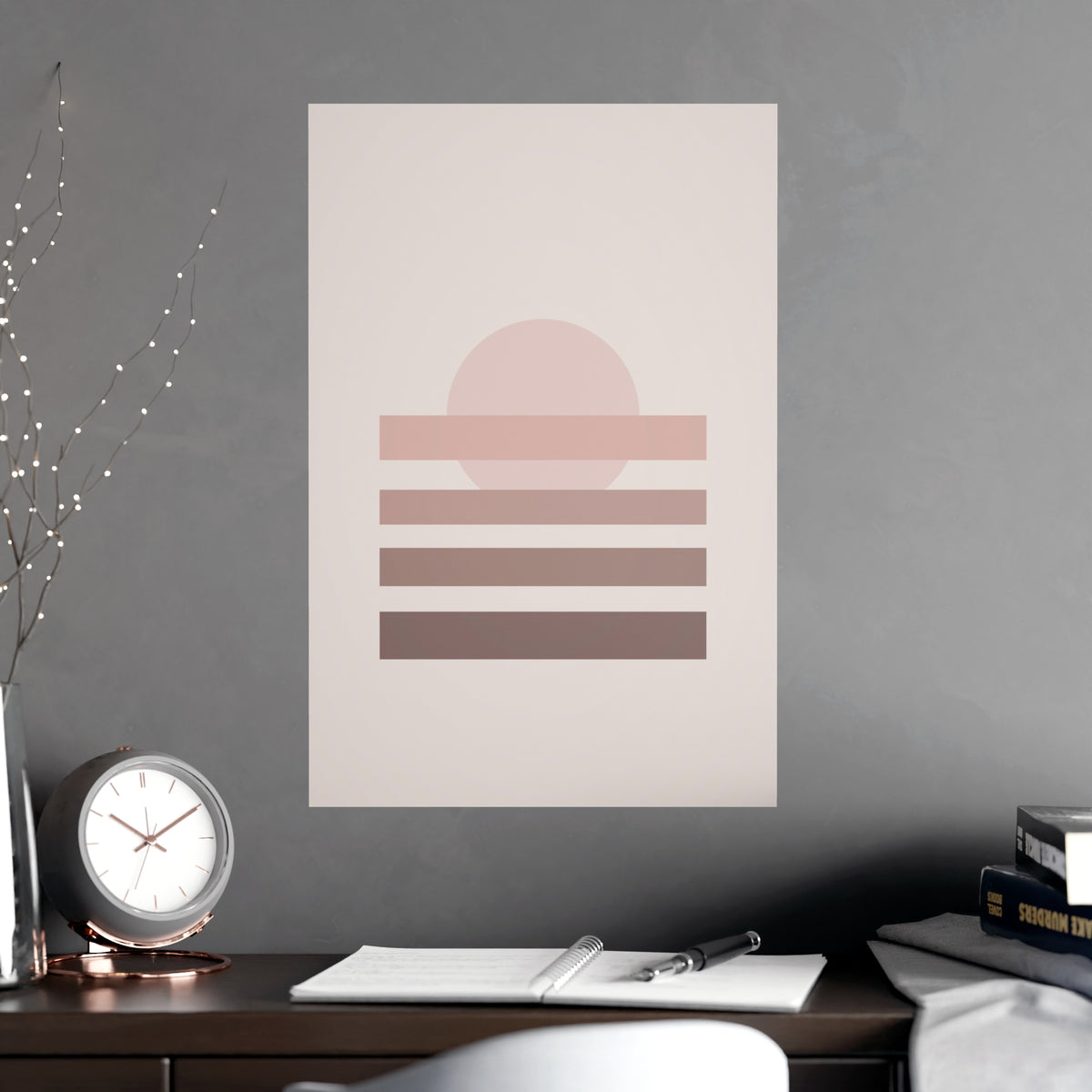 Dusty Rose Sunset Landscape Wall Art — sunset landscape in a dusty rose palette, shown framed on a wall
