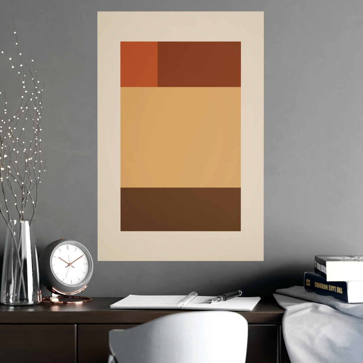 Muted 70s Blocks Retro Wall Art — blocks in a muted 70s palette, shown framed on a wall