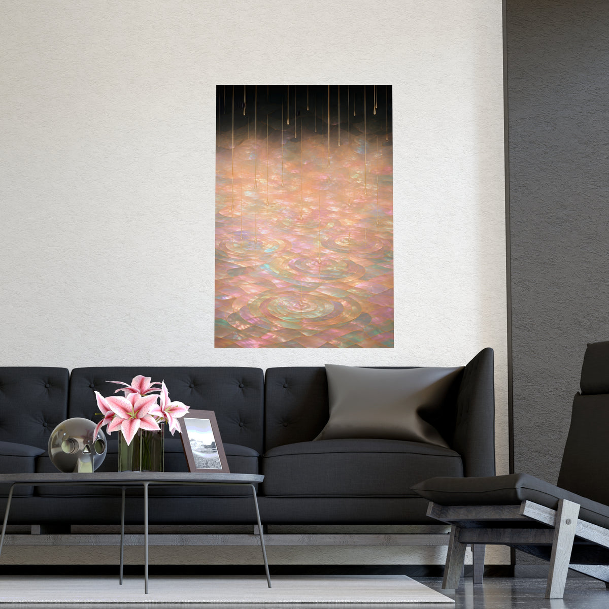 Rain on Still Water — rain on still water, shown framed on a wall