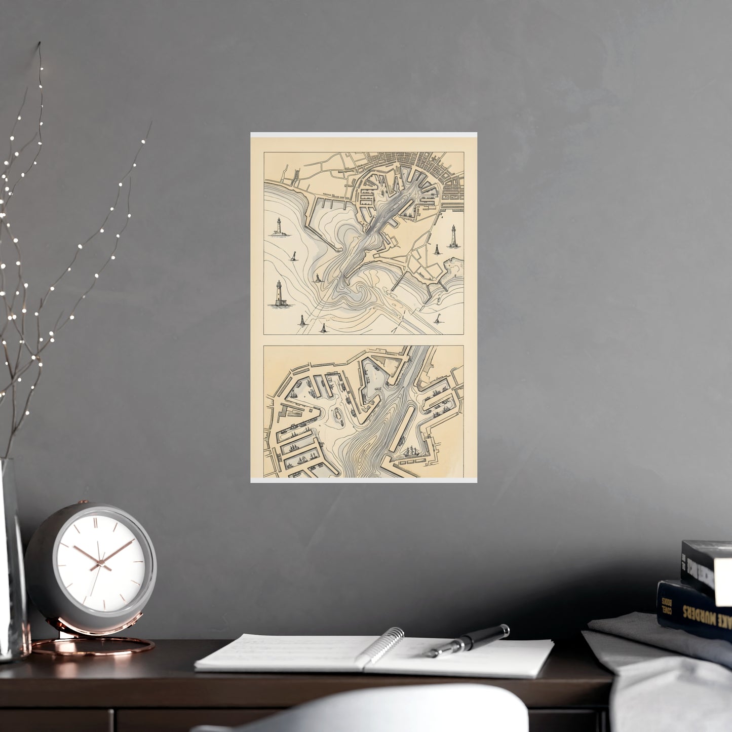 Harbour Soundings hung above a desk with a clock and notebook, 11x17 in print