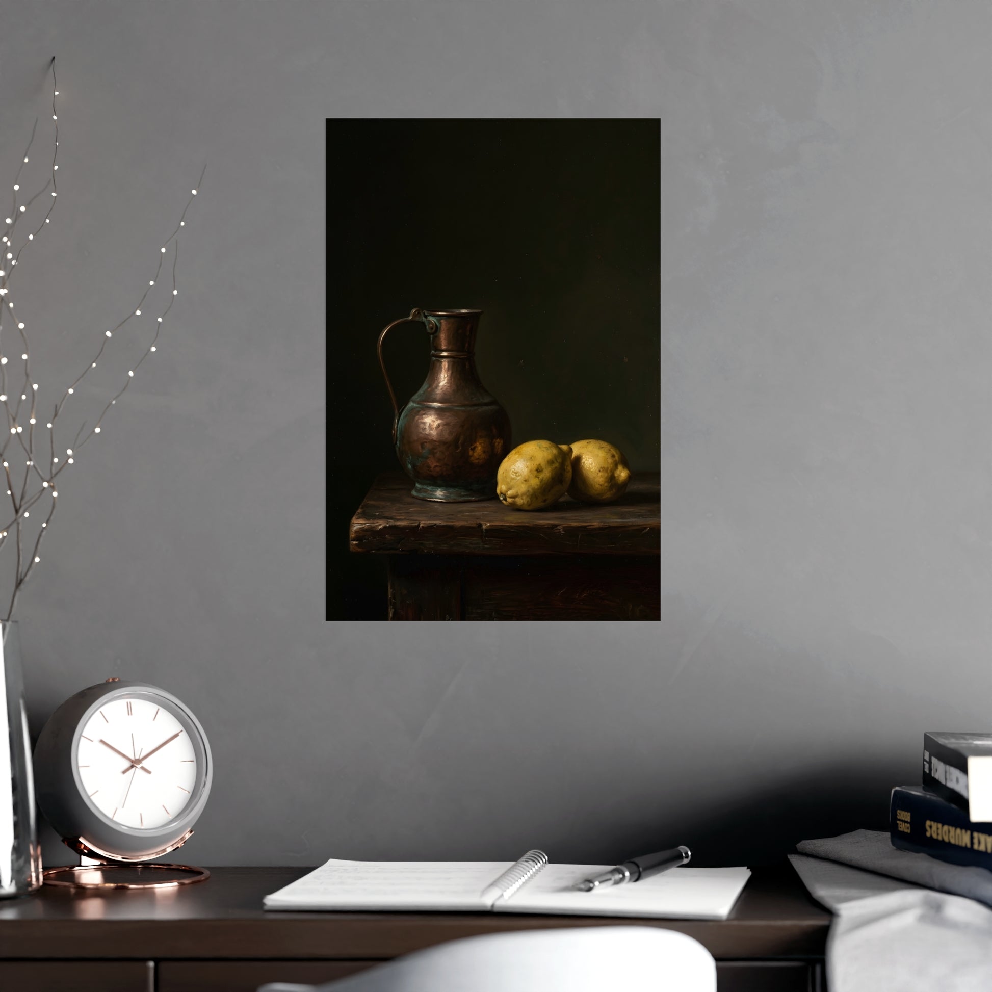 Stilllife 02 hung above a desk with a clock and notebook, 12x18 in print