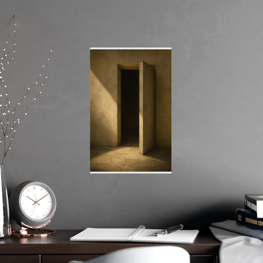 A Door, Ajar — a door, ajar, shown framed on a wall