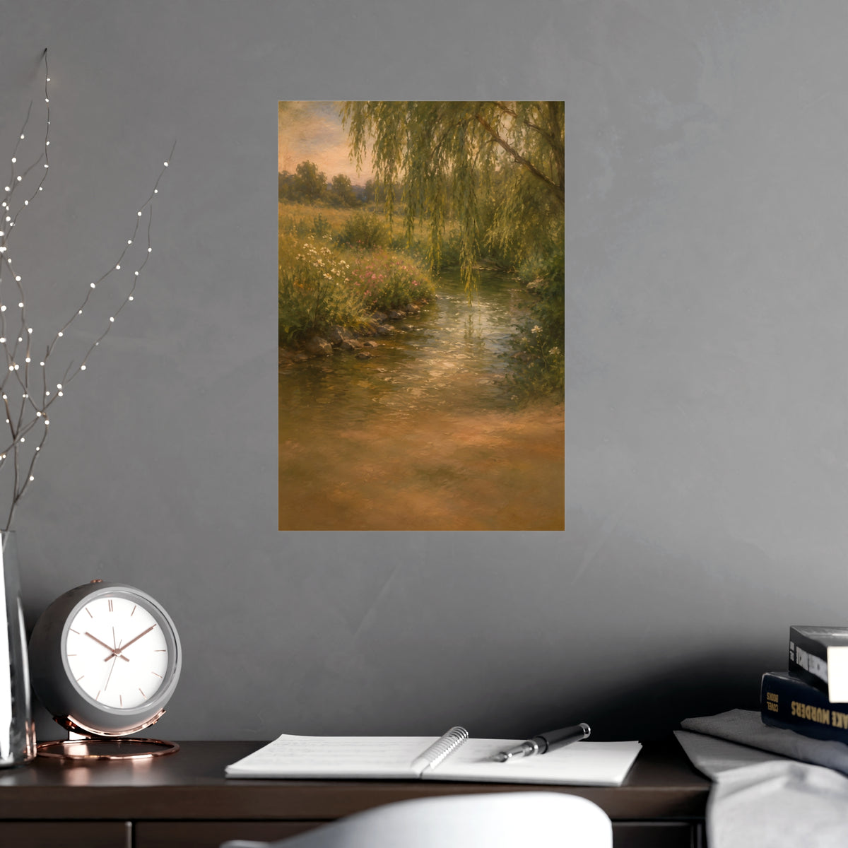 Willow Stream — a shallow stream winding through a meadow with willow branches trailing over the water, shown framed on a wal