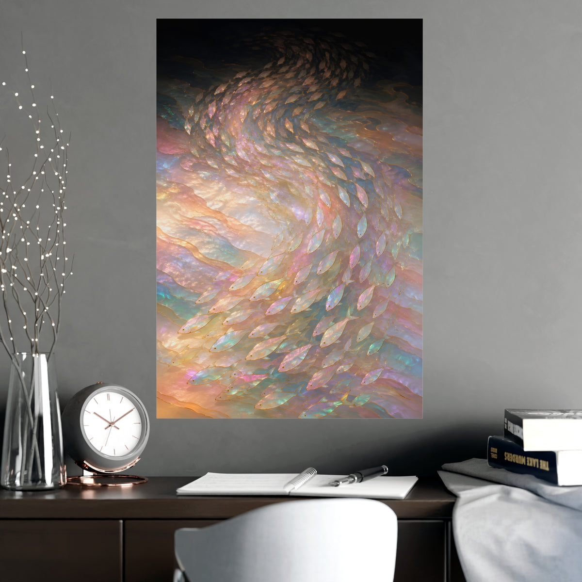 A Shoal, Turning — a shoal, turning, shown framed on a wall